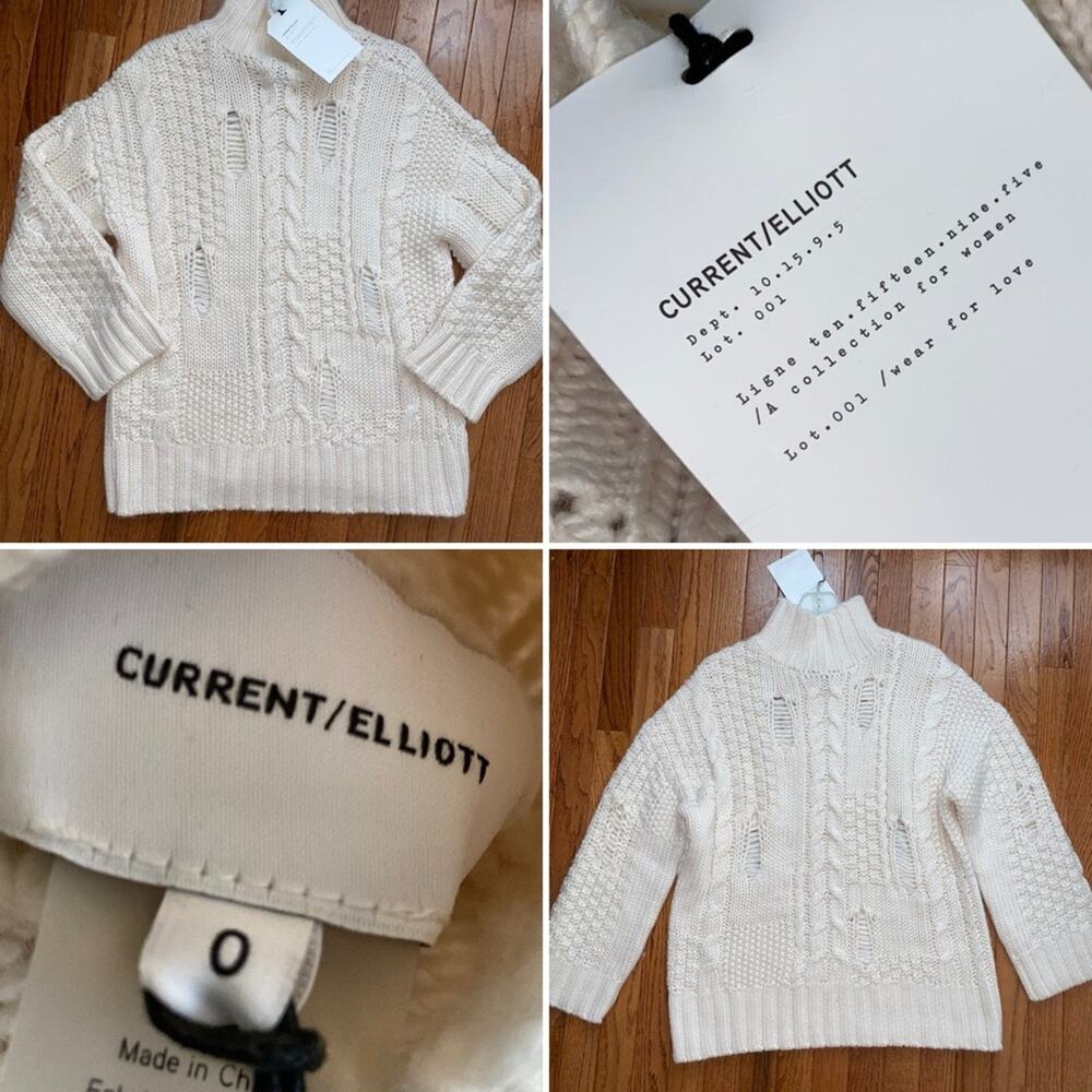 NWT $330 Current / Elliott The Vin Distressed Cable Knit Turtleneck Sweater 0 XS